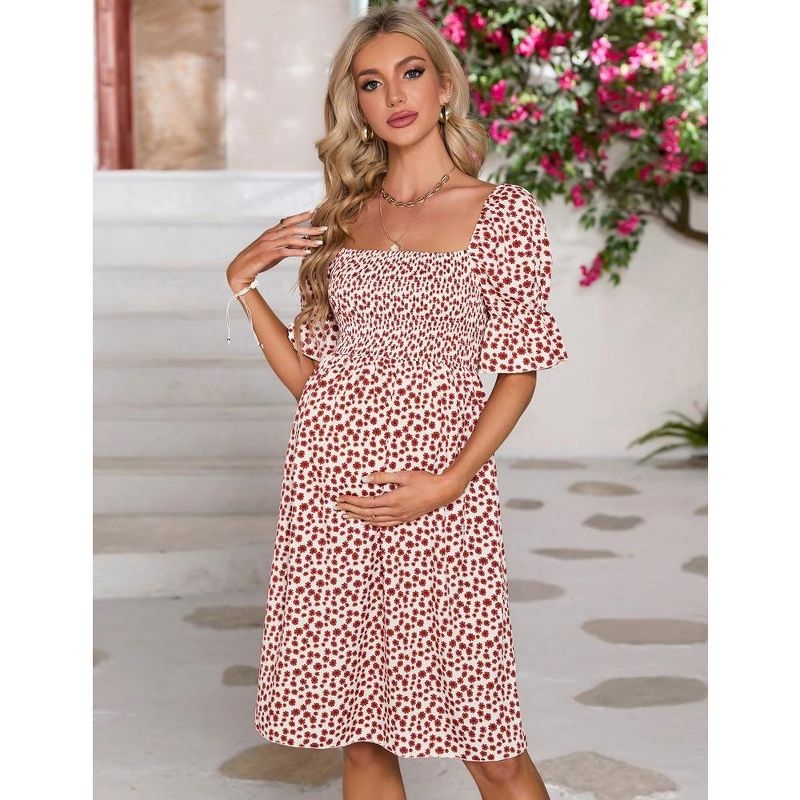 WhizMax Women's Maternity Dress Floral Square Neck A Line Fashion Dress Short Sleeves Maternity Dress for Photography, 2 of 10