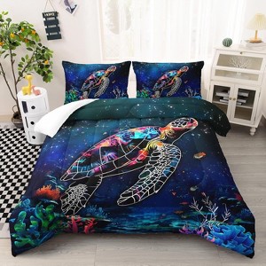 Boersma Turtle Comforter Set Queen Size, Ocean Beach Turtle Bedding Set for Kids Teens, Ocean Animals Comforter Fish Coral Bed Set - 1 of 4