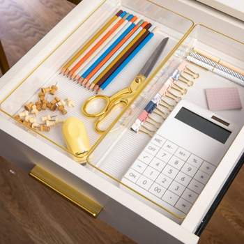 Martha Stewart 3pc 12" x 6" Plastic Stackable Office Desk Drawer Organizers with Gold Trim Clear