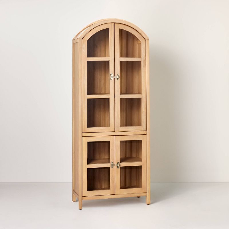 Grooved Wood with Glass 4-Door Arch Cabinet - Natural - Hearth &#38; Hand&#8482; with Magnolia, 1 of 13