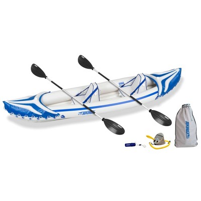 Sea Eagle SE370SK_P 3 Person Blow Up Inflatable Lightweight Rugged Portable Sport Tandem Kayak Canoe Including Back Seats and Bag, White/Blue