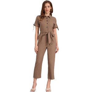 INSPIRE CHIC Women's Short Sleeve Collared Solid Color Button Down Tie Waist Cargo Jumpsuit - 1 of 4