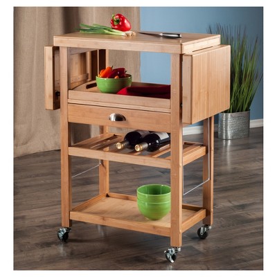 Natural Bamboo Drop Leaf Kitchen Cart with Wine Rack
