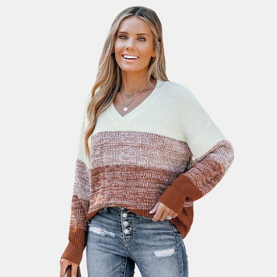 Women's Striped V Neck Drop Sleeve Sweater - Cupshe