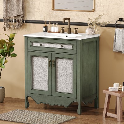 30" Antique Pattern Bathroom Vanity with Rectangle Ceramic Sink, Bathroom Vanity Cabinet with Tip-Out Tray / Flip-Out Drawer