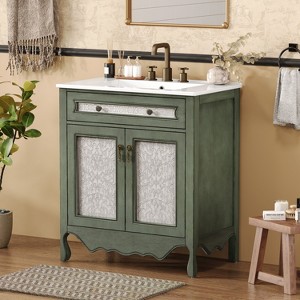 30" Antique Pattern Bathroom Vanity with Rectangle Ceramic Sink, Bathroom Vanity Cabinet with Tip-Out Tray / Flip-Out Drawer - 1 of 4