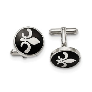 Black Bow Jewelry Men's Stainless Steel & Black Enamel 18mm Rnd Fleur de Lis Cuff Links - 1 of 3