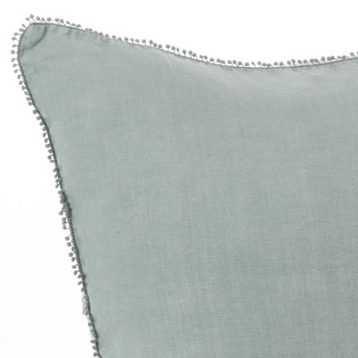 Blue-Grey Linen Square Throw Pillow with Pom-Pom Fringe