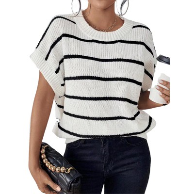 Women's Summer Short Sleeve Pullover Sweater Stripe Crew Neck Lightweight Ribbed Knit Casual Tops