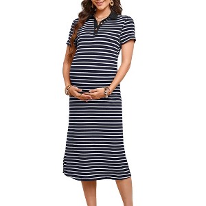 Maternity Collared V Neck Summer Dress Short Sleeve Striped Button Slit Bodycon Baby Shower Midi Dress Photoshoot - 1 of 4