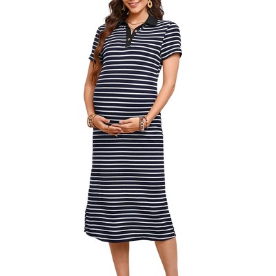 Women Maternity Dress O-Neck Pregnant Nursing Summer Dress Short Sleeve Stripe Nursing Dress Maxi Nightgowns Nightshirt Breastfeeding Casual Swing