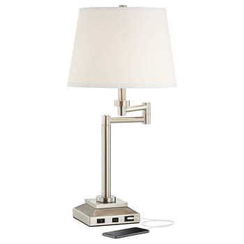 360 Lighting Camber Modern Desk Table Lamp 29" Tall Brushed Steel with USB and AC Power Outlet in Base Swing Arm Linen Shade for Bedroom Living Room
