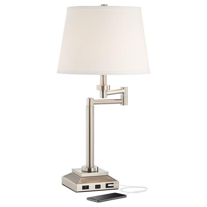 360 Lighting Camber Modern Desk Table Lamp 29" Tall Brushed Steel with USB and AC Power Outlet in Base Swing Arm Linen Shade for Bedroom Living Room, 1 of 10