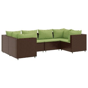 vidaXL Patio Lounge Set with Cushions Sectional Sofa Garden Backyard Poly Rattan - Brown and Green 4x Corner + 2x Middle - 1 of 4