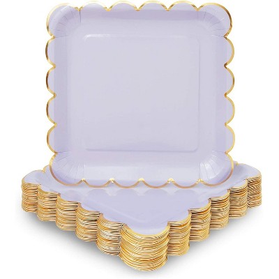 Sparkle and Bash 48 Pack Pastel Purple Square Disposable Paper Plates, Gold Foil Scalloped Edge 9 In