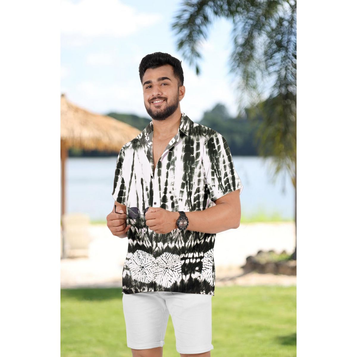 LA LEELA Men's Hawaiian Shirt Tops Summer 3X-Large Black Tie Dye - thumbnail 2