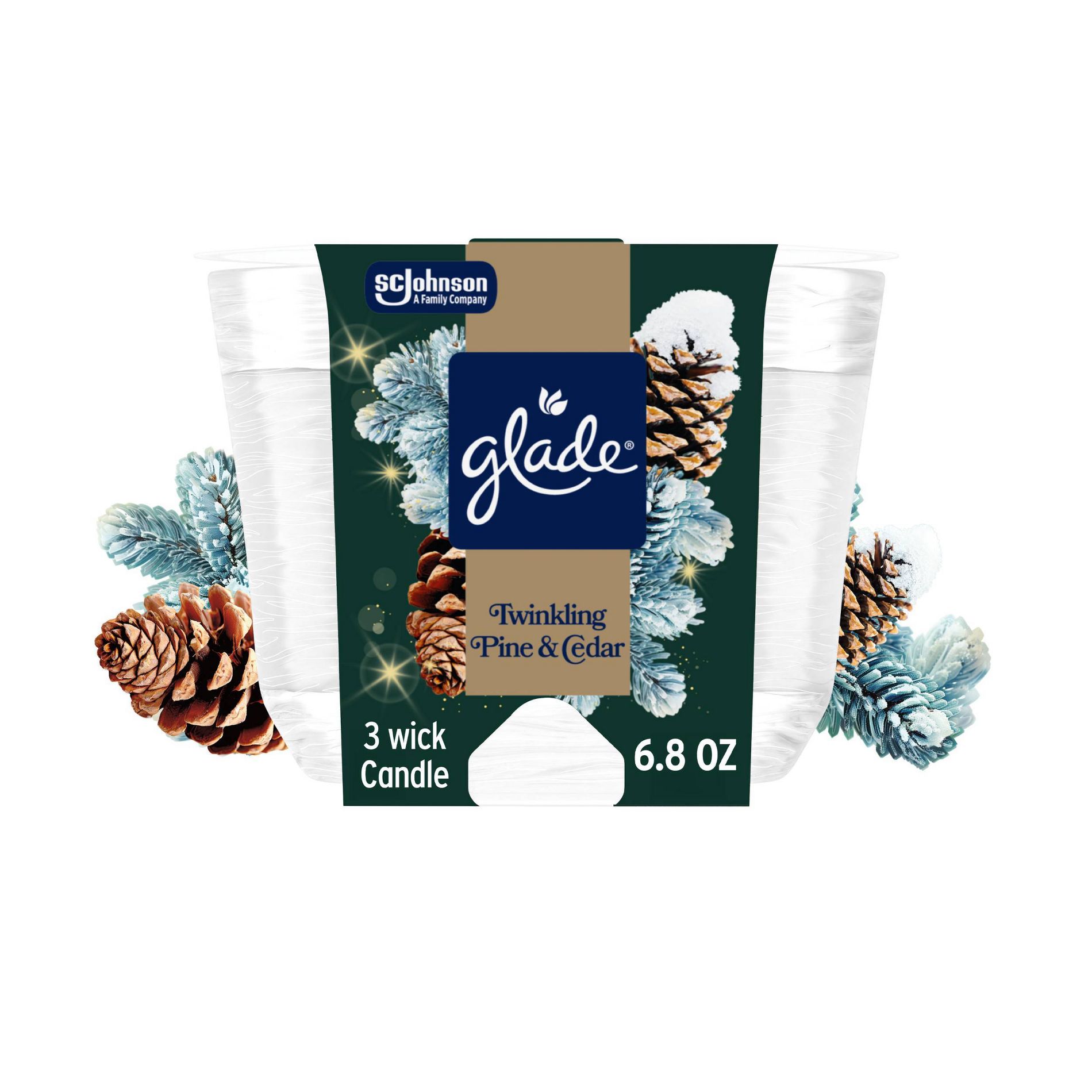 Glade 3 Wick Holiday Candle in Glass Jar - Twinkling Pine & Cedar - 6.8oz ​