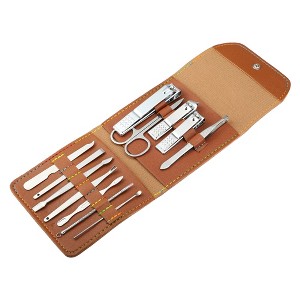 Unique Bargains PU Leather Stainless Steel Pedicure Manicure Set Silver Tone 12 Pcs - 1 of 4