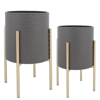 Sagebrook Home Set of 2 Honeycomb Planters on Metal Stand Gray/Gold