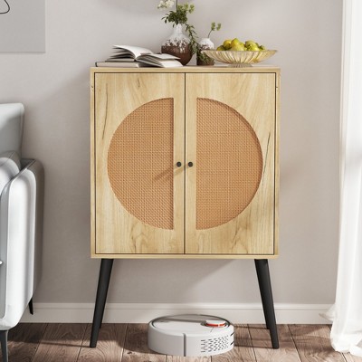 Storage Cabinet with Rattan Doors, Boho Rattan Cabinet Sideboard with Adjustable Shelf & High Feet, Console Cabinet Coffee Bar Cabinet