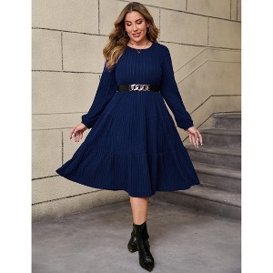 Plus Size Women's Long Knit Dress with Lantern Sleeves, Soft Casual Crewneck Tunic Sweater Dress for Tall Ladies - 1 of 4