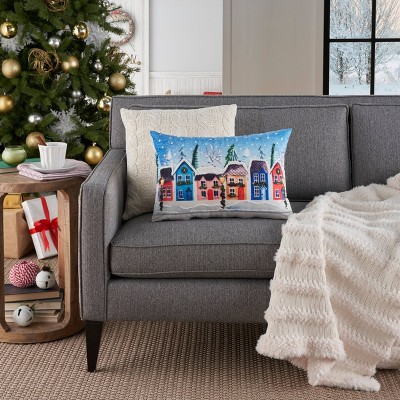 14"x20" Multicolor Holiday Village Embroidered Lumbar Pillow