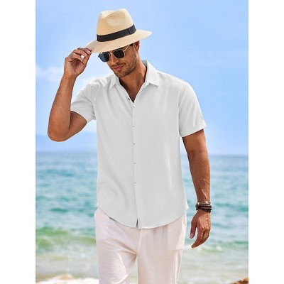 COOFANDY Men's Linen Short Sleeve Casual Button Down Beach Summer Wedding Shirt