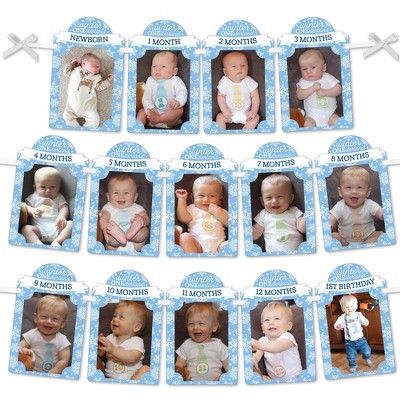 Big Dot of Happiness Blue Snowflakes 1st Birthday - DIY Boy Winter ONEderland Party Decor - 1-12 Monthly Picture Display - Photo Banner