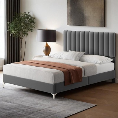 homfan Bed Frame with Velvet Headboard Adjustable, Strong Wooden Slat Support, No Box Spring Needed, Noise Free Sleep,Easy Assembly,Grey Bed Frames