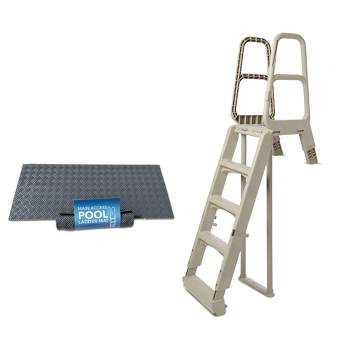 Main Access Large Pool Step Ladder Guard Mat, Accessory Only, Gray + Main Access Smart Choice Incline Outside Above Ground Swim Pool Ladder, Taupe
