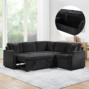 81.9" L-Shaped Sectional Sofa Bed with Pull-Out Sleeper, Hidden Storage, Chenille Upholstery & Pillows, Space-Saving Couch for Living Room/Apartment - 1 of 4