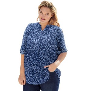 Woman Within Women's Plus Size Rayon 7-Day Three-Quarter Sleeve Tab-Front Tunic - 1 of 4