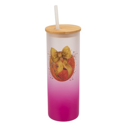 Elanze Designs 25 Ounce Frosted Glass Gradient Travel Tumbler With Straw and Wooden Lid, Basketball Red Paint Splatter Pink