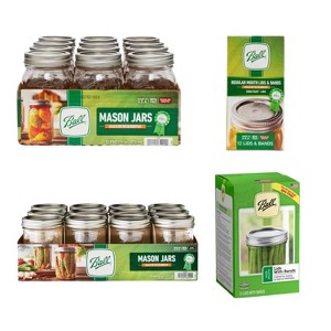 Ball Glass Mason Jars, 12 Pint Size 16 Ounce Wide Mouth Jars + 12 Regular Mouth Jars + 12 Regular and Wide Mouth Lids/Bands Variety Pack - 1 of 4