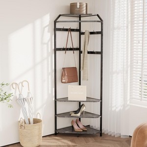 Corner Hall Tree with Shoe Bench & Storage,Corner Coat Rack with 6 Double Hooks Entryway Organizer for Closet,Hallway or Entry - 1 of 4
