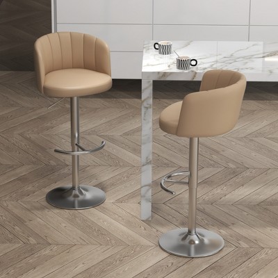 SKRAN PU Leather Swivel Bar Stools Set of 2, Adjustable Barstool with Silver Stainless Steel Base with Circular Arc Back for Home,Outdoor  Khak