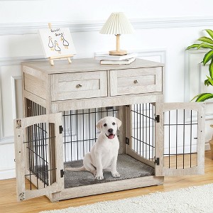 Dog Crate Furniture with Cushion,Wooden Dog Kennels Indoor with 2 Drawers,Dog Furniture Crate End Table with Storage - 1 of 4