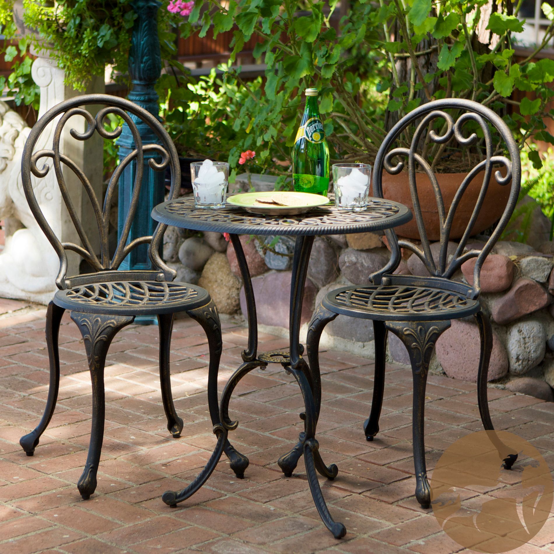 Christopher Knight Home Thomas Outdoor Cast Aluminum 3 Piece Bistro Set, Black/Gold