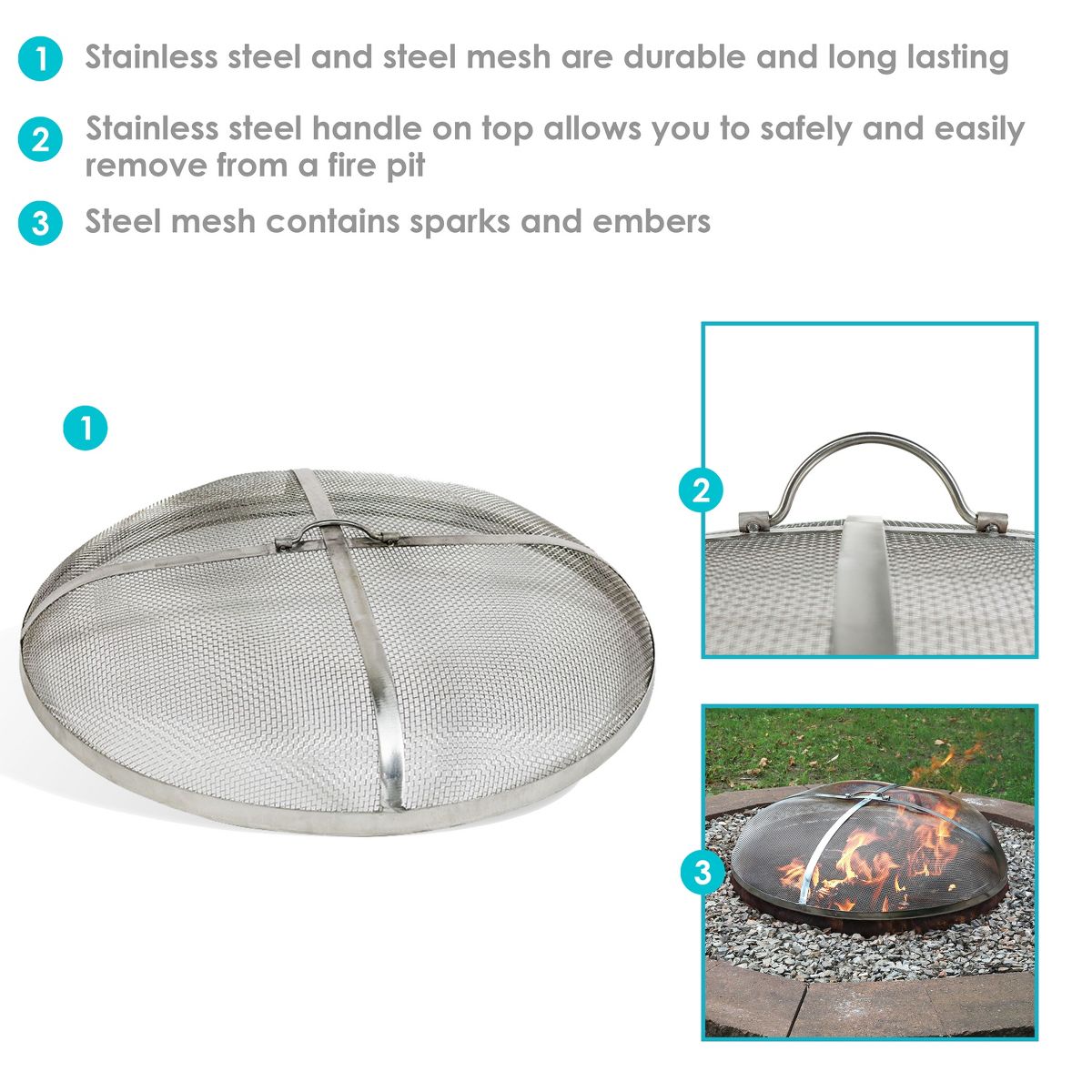 Sunnydaze Outdoor Heavy-Duty Steel Mesh Round Camp Fire Pit Spark Screen Lid with Grabber Ring Top - Silver - thumbnail 8