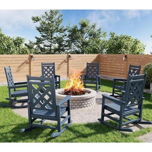 6-Piece HDPE Rocking Chair Set with Square Back and Mesh Backrest, Includes 4 Chairs and 2 Side Tables, Outdoor Patio and Garden Furniture - 1 of 4
