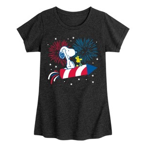 Girls' - Peanuts - Snoopy And Woodstock Fireworks Fitted Short Sleeve Graphic T-Shirt - 1 of 4