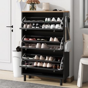 TIRAMISUBEST Narrow Tipping Bucket Shoe Cabinet with 3 Flip Drawers, Entryway Organizer with 3 Hooks, Free Standing Shoe Rack with Adjustable Panel - 1 of 4