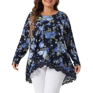 Agnes Orinda Women's Plus Size Lace Trim Floral Pattern Long Sleeve High Low Hem Tunic Blouse - 1 of 4