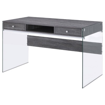 Weathered Gray 2-Drawer Writing Desk with Glass Sides