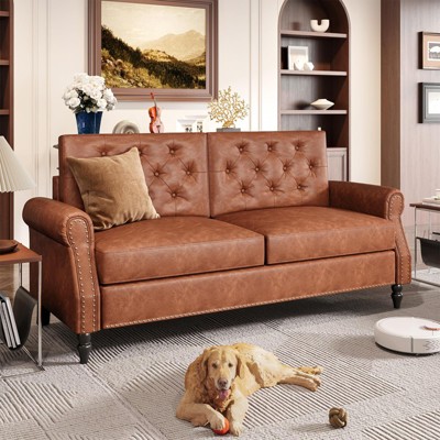 73-inch Sofa, Faux Leather Vintage Couch with Rolled Armrests & Wooden Legs