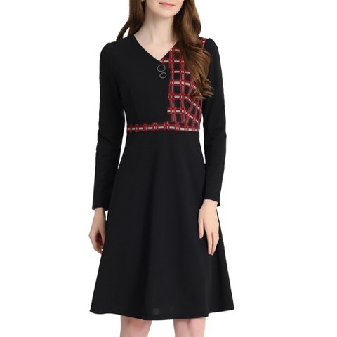 Женские платья INSPIRE CHIC Women's Elegant A-Line Long Sleeve Contrast Color Dress X-Small Black