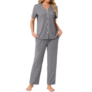 cheibear Women's Button Down Short Sleeve Shirt and Pants 2 Piece Pajama Set Loungewear - 1 of 4