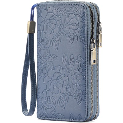 BEAFUP Carved Double Zip Wallet for Women,with 4 Full-length Cash Compartments RFID Blocking PU Leather Wristlet Purse Large Capacity Credit