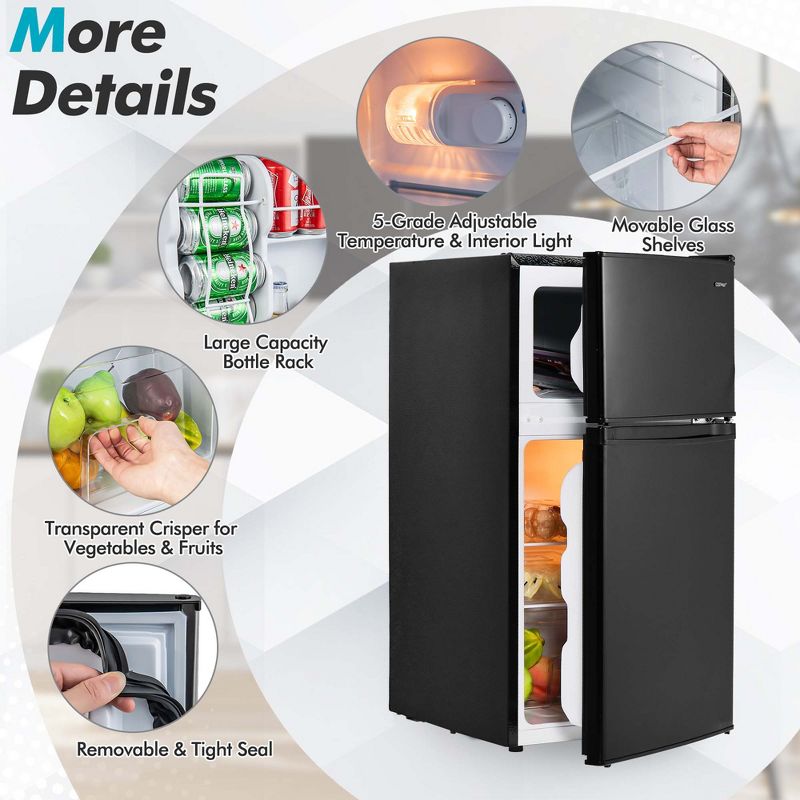 Costway Compact Refrigerator, 3.2 Cu.Ft. Fridge Freezer Compartment with Reversible 2 Door Black, 5 of 11