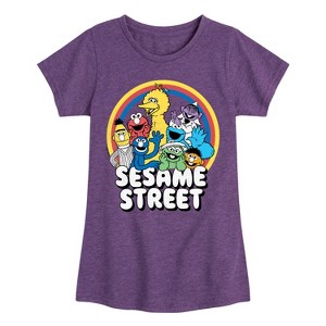 Girls' - Sesame Street - Group Rainbow Fitted Short Sleeve Graphic T-Shirt - 1 of 4